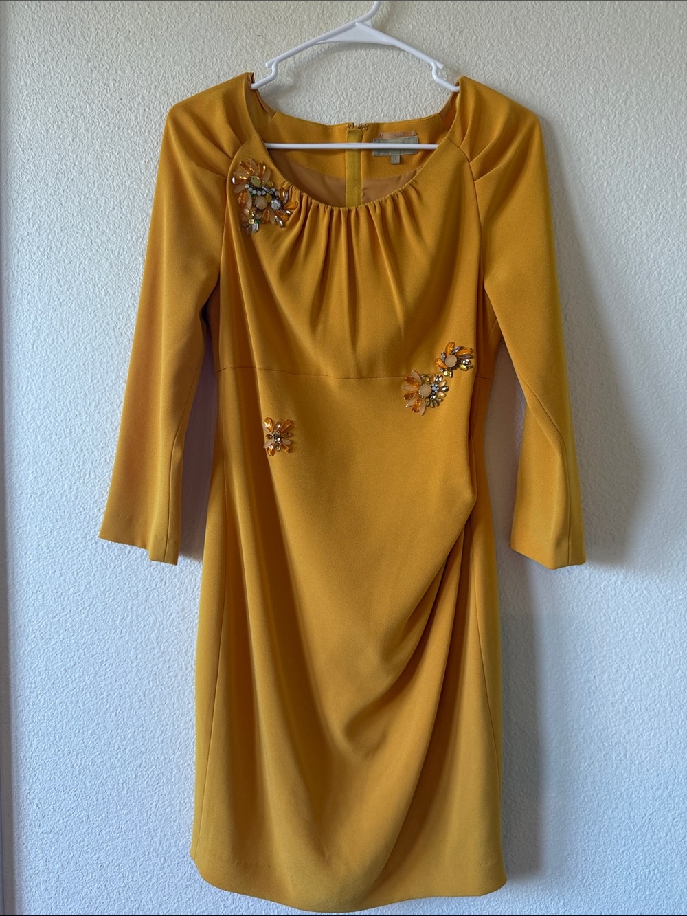 Embellished Long-Sleeve Mustard Dress with Jewel Accents